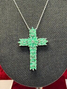 Sterling Silver 7.15 TCW Kagem Zambian Emerald Cross Pendant Necklace 20"